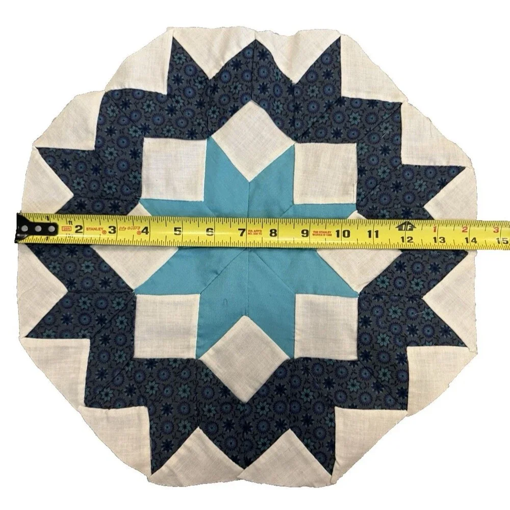 Vintage Hand Pieced Quilt Block Orphan Square 8-Point Star bright teal/navy 14